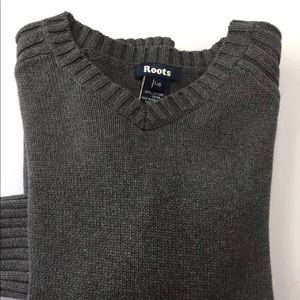 Roots Men V Neck Chunky Sweater Large Grey Cotton